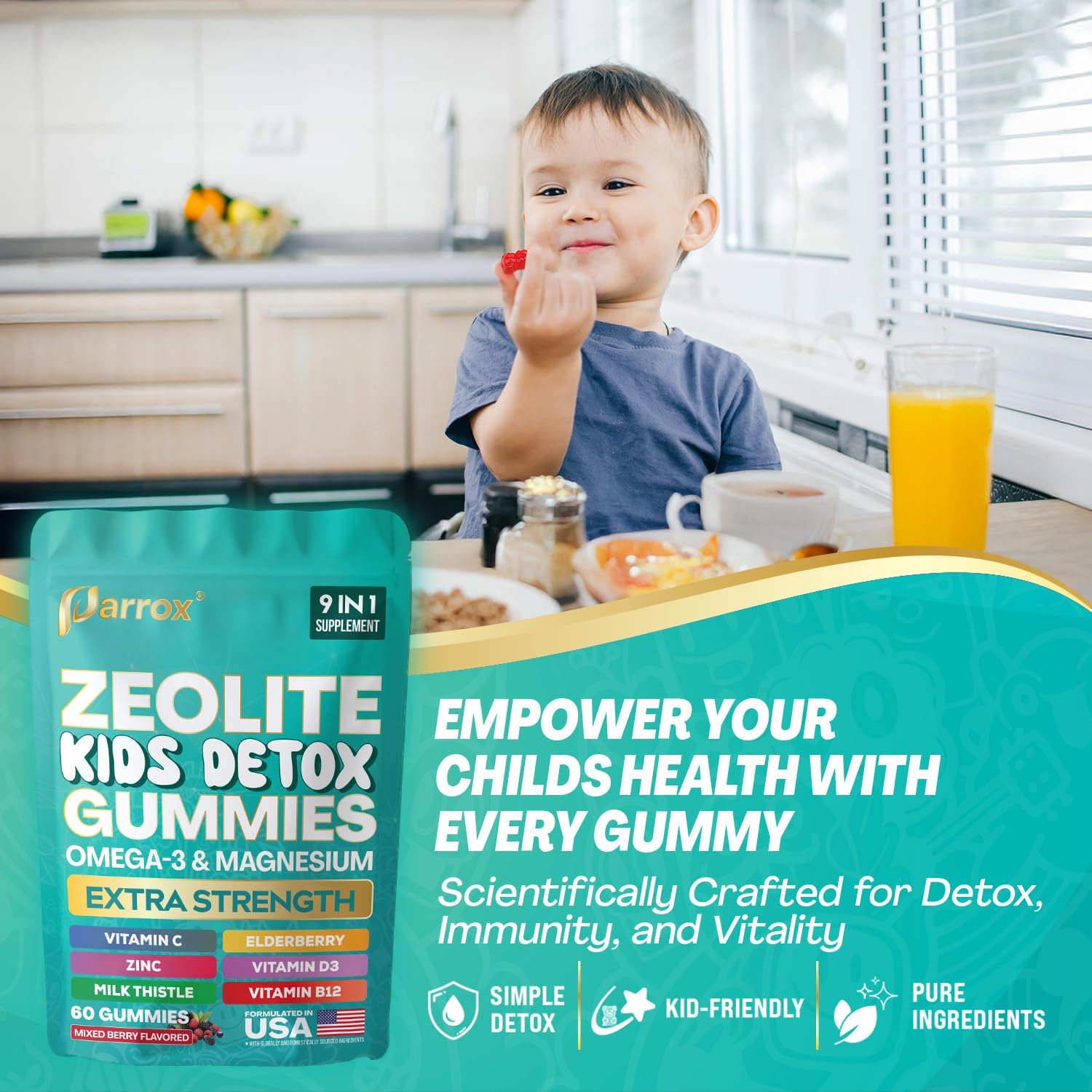 Parrox Zeolite Kids Gummies, 9-in-1 with Zeolite, Omega-3, Magnesium, Elderberry, Vitamin C, Milk Thistle, Vitamin D3, Zinc, B12 – Sugar-Free - PrimeBioHealth - canada supplements
