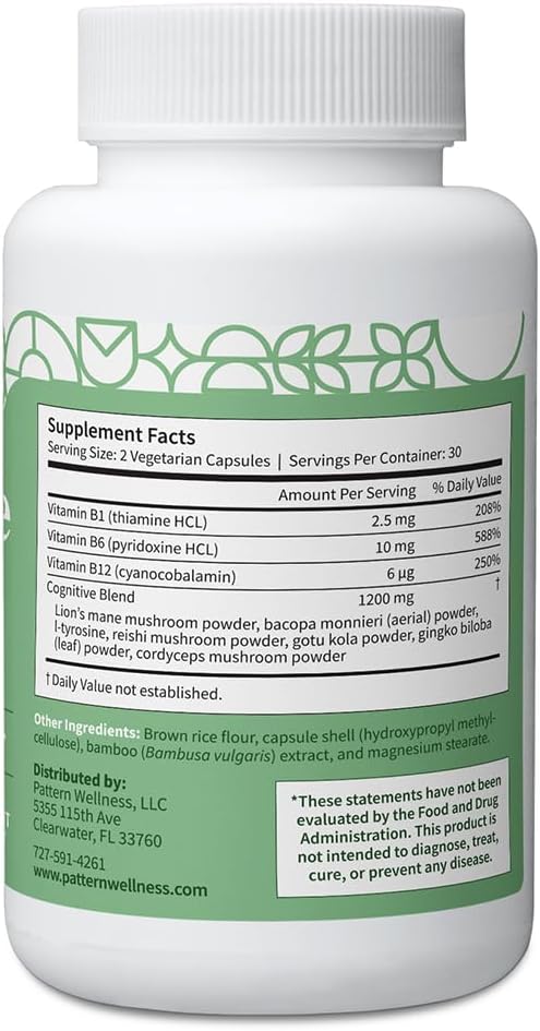 Pattern Wellness Cognitive Complex Supplement – Supports Brain Health & Mental Clarity – with Lion’s Mane, Bacopa & B Vitamins – 60 Vegetarian Capsules - PrimeBioHealth - canada supplements