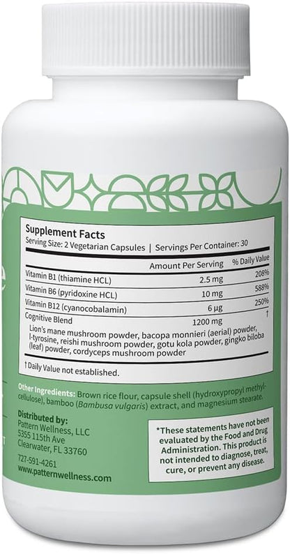 Pattern Wellness Cognitive Complex Supplement – Supports Brain Health & Mental Clarity – with Lion’s Mane, Bacopa & B Vitamins – 60 Vegetarian Capsules - PrimeBioHealth - canada supplements