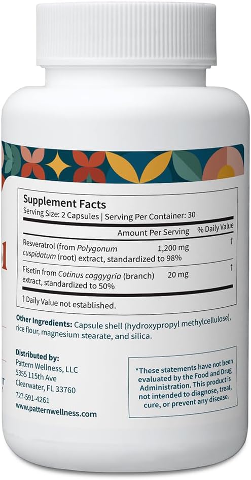 Pattern Wellness Resveratrol with Fisetin – Supports Cellular, Heart & Immune System Health – Promotes Antioxidant Protection – Vegan, Non-GMO, Gluten-Free – 60 Capsules - PrimeBioHealth - canada supplements