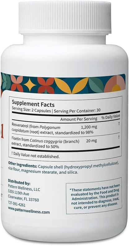Pattern Wellness Resveratrol with Fisetin – Supports Cellular, Heart & Immune System Health – Promotes Antioxidant Protection – Vegan, Non-GMO, Gluten-Free – 60 Capsules - PrimeBioHealth - canada supplements
