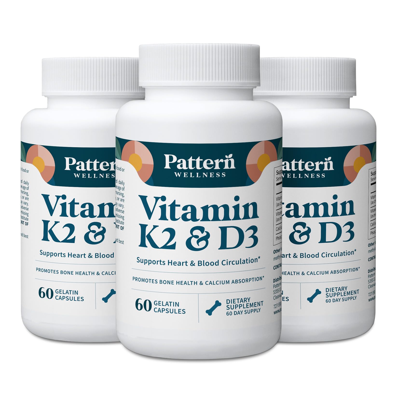 Pattern Wellness Vitamin K2 & D3 Supplement with Calcium – Bone Health, Circulatory Wellness & Immune Support - Non-GMO - 60 Capsules - PrimeBioHealth - canada supplements