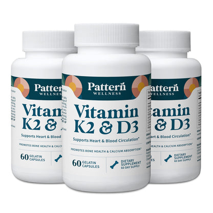 Pattern Wellness Vitamin K2 & D3 Supplement with Calcium – Bone Health, Circulatory Wellness & Immune Support - Non-GMO - 60 Capsules - PrimeBioHealth - canada supplements