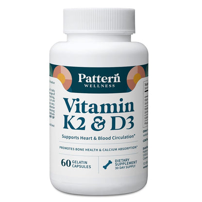 Pattern Wellness Vitamin K2 & D3 Supplement with Calcium – Bone Health, Circulatory Wellness & Immune Support - Non-GMO - 60 Capsules - PrimeBioHealth - canada supplements