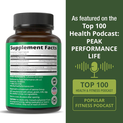 Peak Performance Advanced Vitamin D 10000 IU with All 3 Types of Vitamin K - 10,000 Vitamin D3 and Vitamin K2, K1, MK-7 (MK7), MK4 Supplement - 60 Small and Easy to Swallow Capsules - PrimeBioHealth - canada supplements