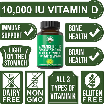 Peak Performance Advanced Vitamin D 10000 IU with All 3 Types of Vitamin K - 10,000 Vitamin D3 and Vitamin K2, K1, MK-7 (MK7), MK4 Supplement - 60 Small and Easy to Swallow Capsules - PrimeBioHealth - canada supplements