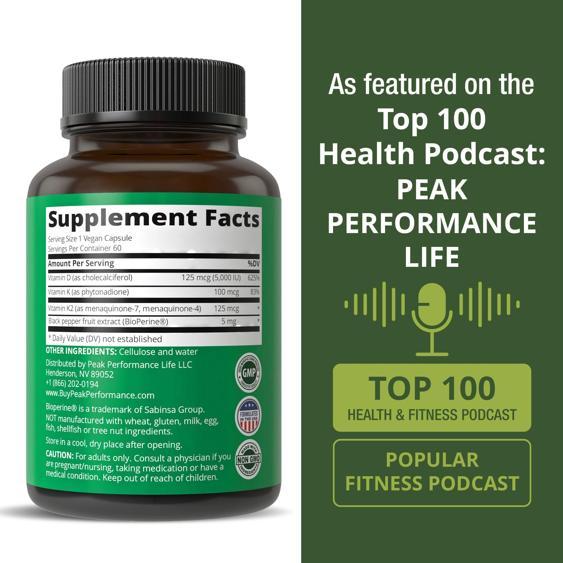 Peak Performance Advanced Vitamin D 5000 IU with All 3 Types of Vitamin K Vitamin D3 and Vitamin K2, K1, MK-7 (MK7), MK4 Supplement - PrimeBioHealth - canada supplements