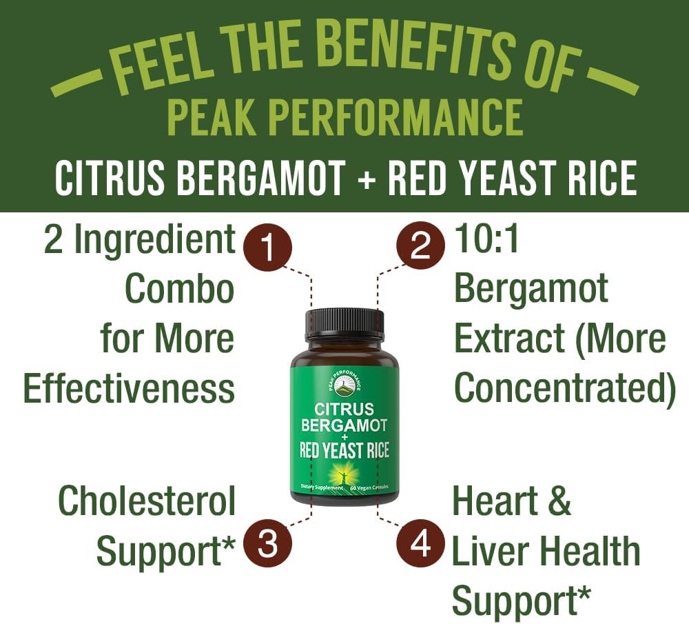 Peak Performance Citrus Bergamot + Red Yeast Rice. 2-in-1 Supplement. High Strength 10:1 Bergamot Extract. No Gluten, Zero Sugar, Vegan Capsules - PrimeBioHealth - canada supplements