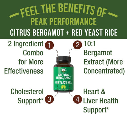 Peak Performance Citrus Bergamot + Red Yeast Rice. 2-in-1 Supplement. High Strength 10:1 Bergamot Extract. No Gluten, Zero Sugar, Vegan Capsules - PrimeBioHealth - canada supplements