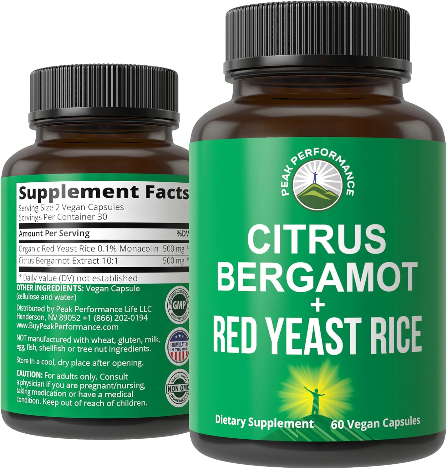 Peak Performance Citrus Bergamot + Red Yeast Rice. 2-in-1 Supplement. High Strength 10:1 Bergamot Extract. No Gluten, Zero Sugar, Vegan Capsules - PrimeBioHealth - canada supplements