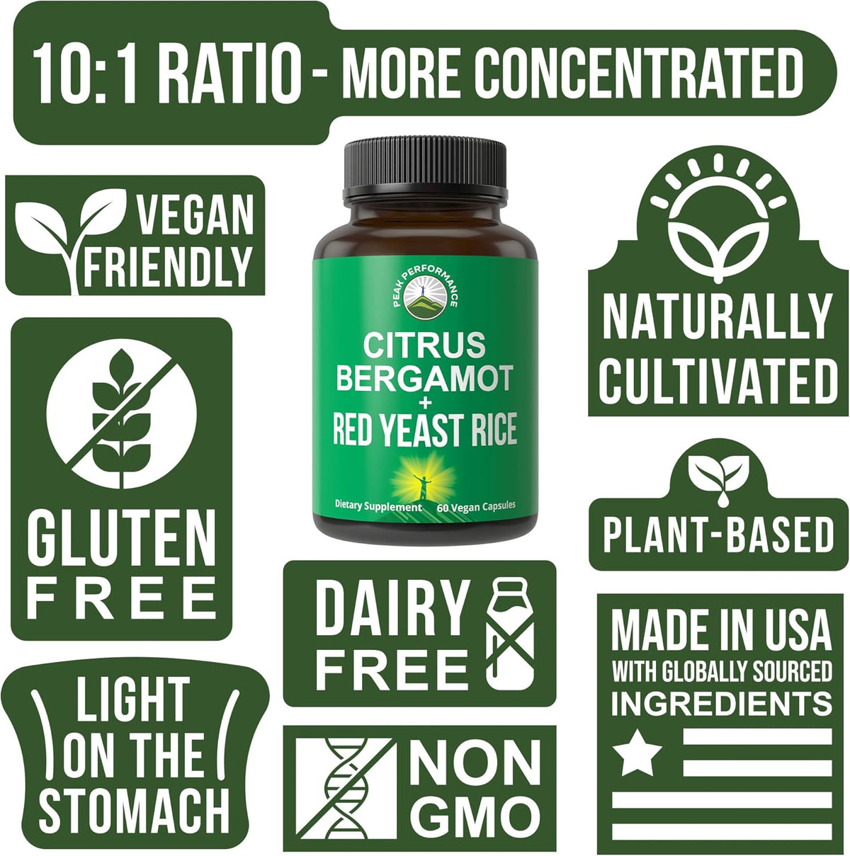 Peak Performance Citrus Bergamot + Red Yeast Rice. 2-in-1 Supplement. High Strength 10:1 Bergamot Extract. No Gluten, Zero Sugar, Vegan Capsules - PrimeBioHealth - canada supplements