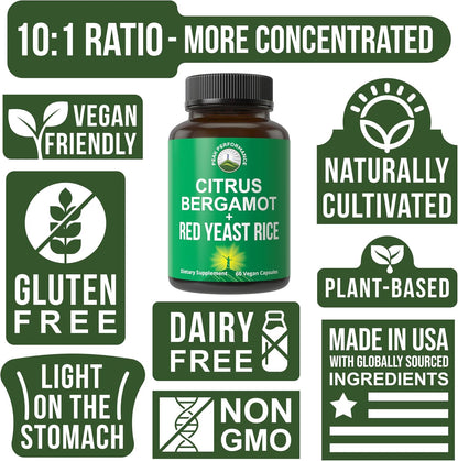 Peak Performance Citrus Bergamot + Red Yeast Rice. 2-in-1 Supplement. High Strength 10:1 Bergamot Extract. No Gluten, Zero Sugar, Vegan Capsules - PrimeBioHealth - canada supplements
