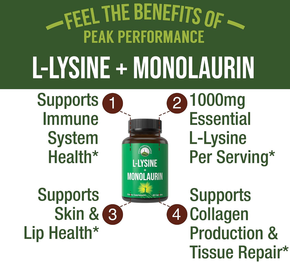 Peak Performance L Lysine 1000mg + Monolaurin 500mg High Potency Supplement for Lips, Skin, & Immune Support - L-Lysine 2-in-1 Bioavailable Supplements for Men and Women - 60 Capsules - PrimeBioHealth - canada supplements