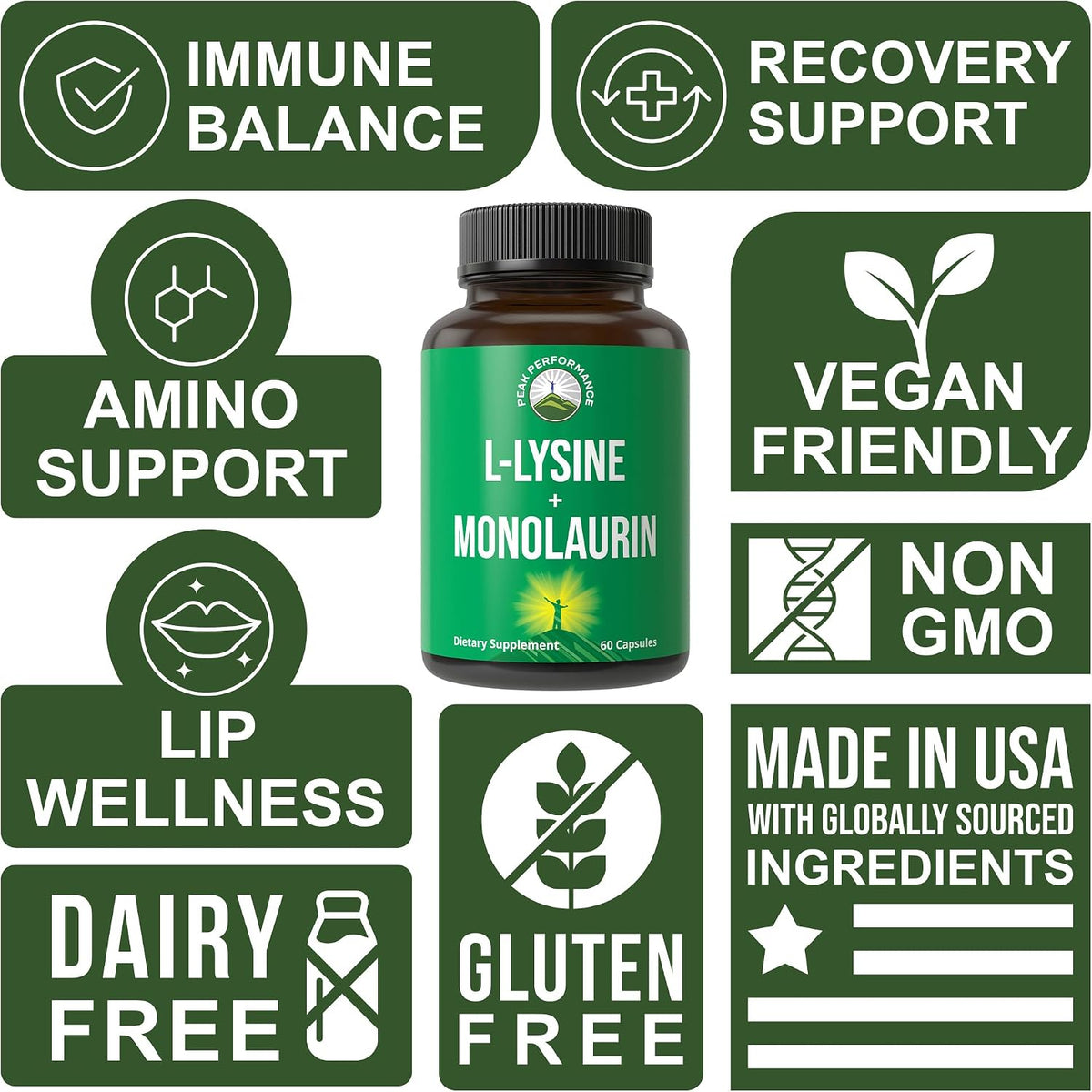 Peak Performance L Lysine 1000mg + Monolaurin 500mg High Potency Supplement for Lips, Skin, & Immune Support - L-Lysine 2-in-1 Bioavailable Supplements for Men and Women - 60 Capsules - PrimeBioHealth - canada supplements