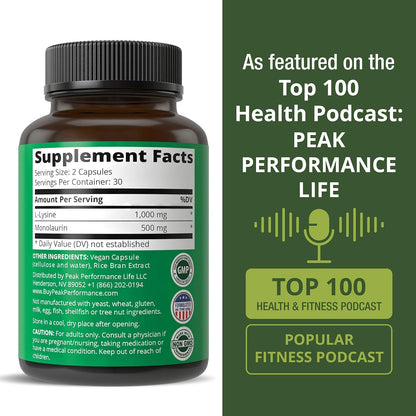 Peak Performance L Lysine 1000mg + Monolaurin 500mg High Potency Supplement for Lips, Skin, & Immune Support - L-Lysine 2-in-1 Bioavailable Supplements for Men and Women - 60 Capsules - PrimeBioHealth - canada supplements