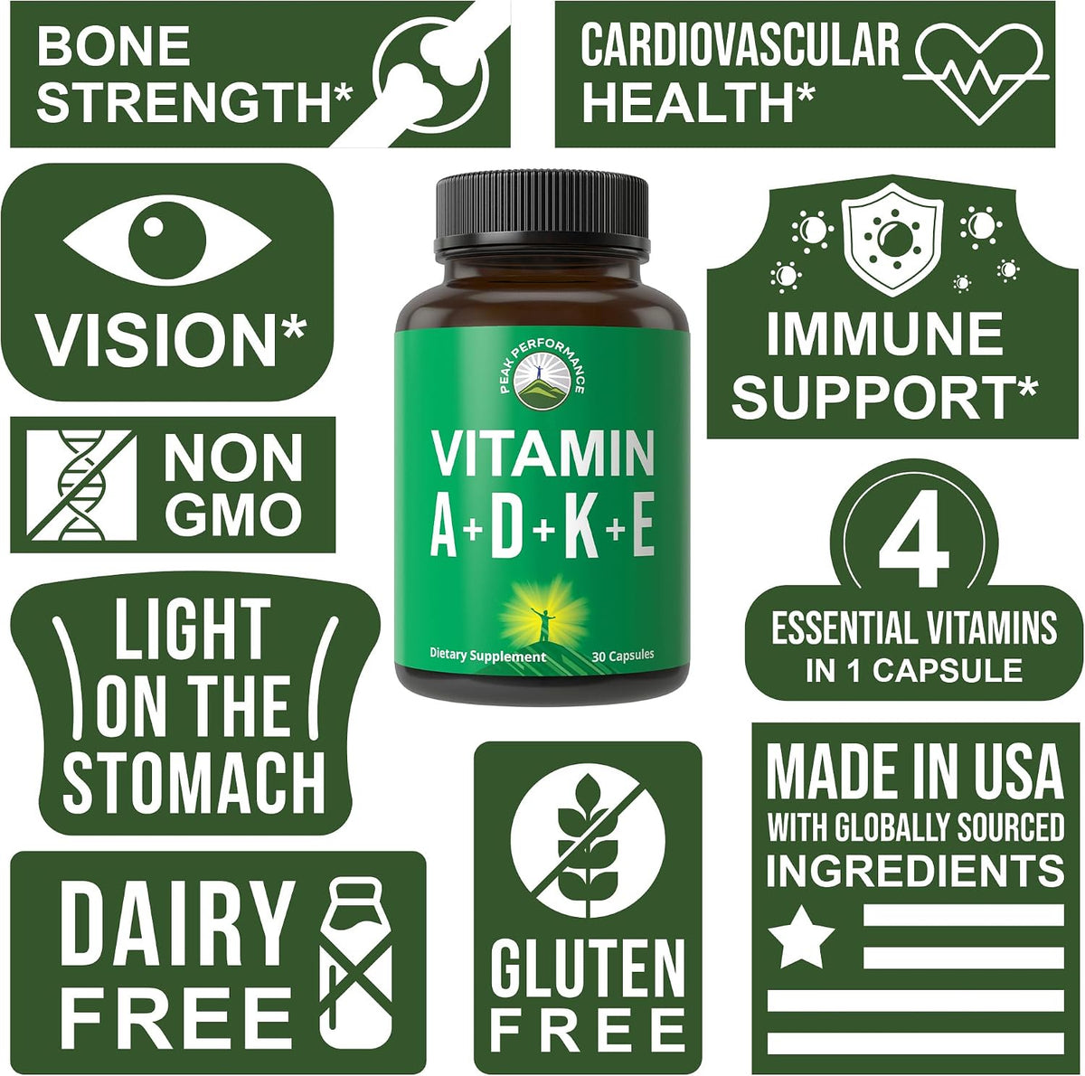 Peak Performance Vitamins D 5,000 iu + A + K + E All in 1 Easy to Swallow Vegan Capsule. ADK Vitamin Supplement with E D3 K2. Essential Vitamins for Mood, Immune, Bone, Vision, Heart - PrimeBioHealth - canada supplements
