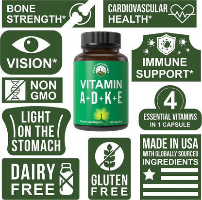 Peak Performance Vitamins D 5,000 iu + A + K + E All in 1 Easy to Swallow Vegan Capsule. ADK Vitamin Supplement with E D3 K2. Essential Vitamins for Mood, Immune, Bone, Vision, Heart - PrimeBioHealth - canada supplements