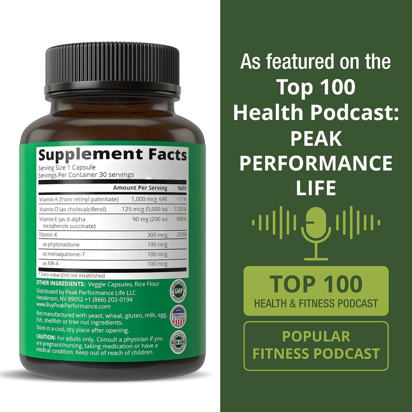 Peak Performance Vitamins D 5,000 iu + A + K + E All in 1 Easy to Swallow Vegan Capsule. ADK Vitamin Supplement with E D3 K2. Essential Vitamins for Mood, Immune, Bone, Vision, Heart - PrimeBioHealth - canada supplements