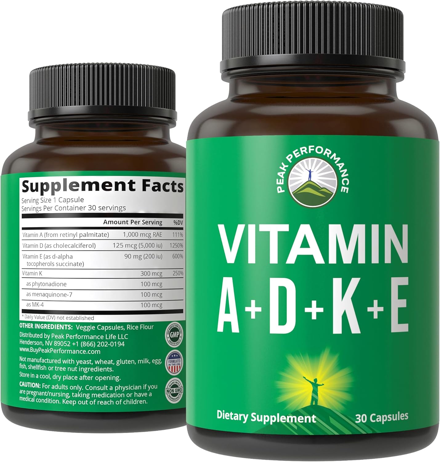 Peak Performance Vitamins D 5,000 iu + A + K + E All in 1 Easy to Swallow Vegan Capsule. ADK Vitamin Supplement with E D3 K2. Essential Vitamins for Mood, Immune, Bone, Vision, Heart - PrimeBioHealth - canada supplements