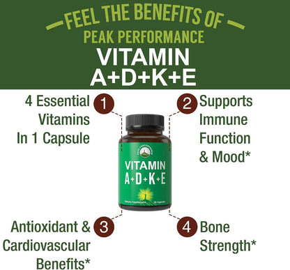Peak Performance Vitamins D 5,000 iu + A + K + E All in 1 Easy to Swallow Vegan Capsule. ADK Vitamin Supplement with E D3 K2. Essential Vitamins for Mood, Immune, Bone, Vision, Heart - PrimeBioHealth - canada supplements