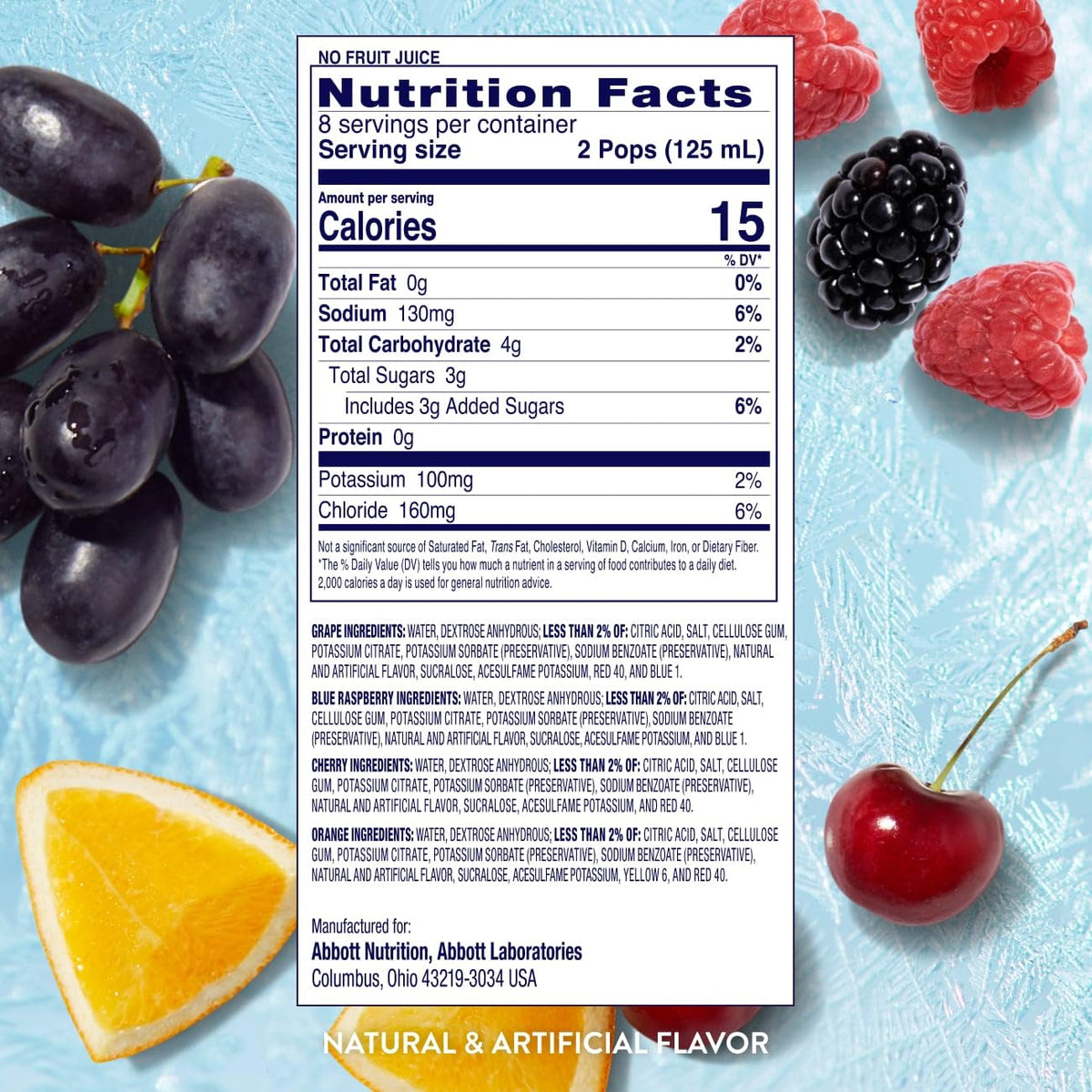 Pedialyte Electrolyte Solution Freezer Pops, Hydration Variety Pack— Grape, Blue Raspberry, Cherry, Orange, Pack of 64 - PrimeBioHealth - canada supplements