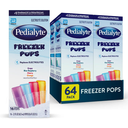Pedialyte Electrolyte Solution Freezer Pops, Hydration Variety Pack— Grape, Blue Raspberry, Cherry, Orange, Pack of 64 - PrimeBioHealth - canada supplements