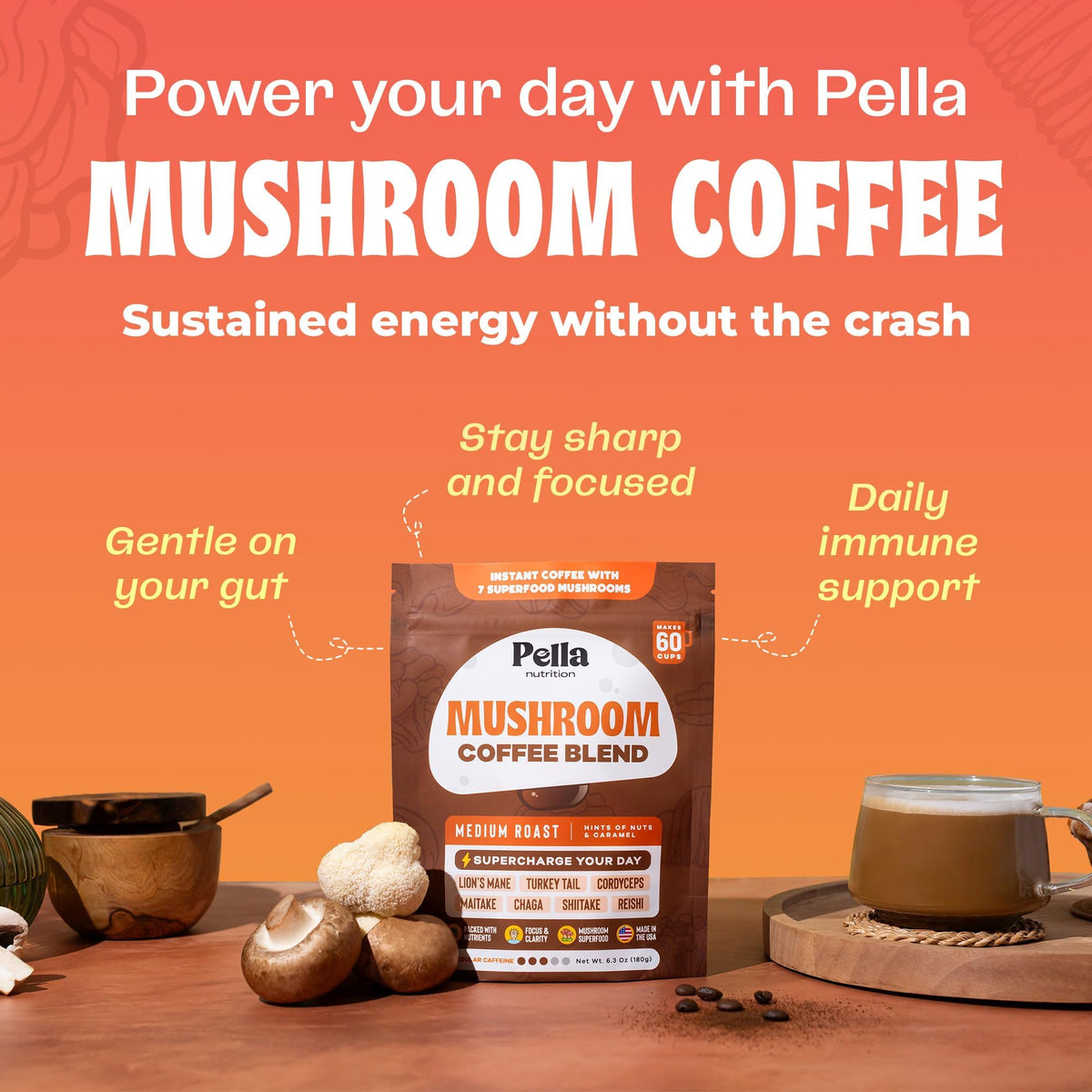 Pella Nutrition Mushroom Coffee – Lions Mane, Reishi, Chaga, Cordyceps, Shiitake, Maitake, and Turkey Tail Mushroom Supplement – Superfood Instant - PrimeBioHealth - canada supplements