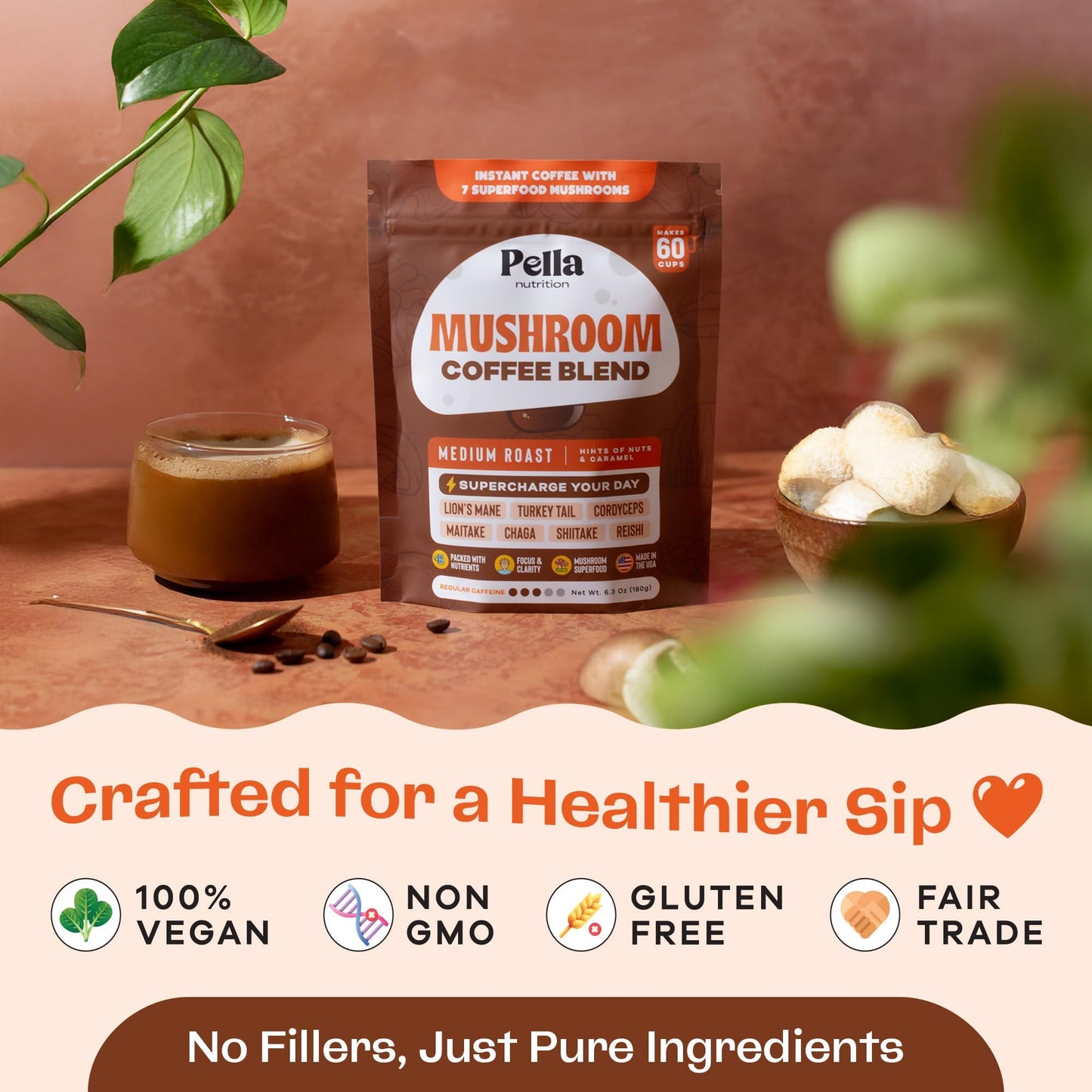 Pella Nutrition Mushroom Coffee – Lions Mane, Reishi, Chaga, Cordyceps, Shiitake, Maitake, and Turkey Tail Mushroom Supplement – Superfood Instant - PrimeBioHealth - canada supplements