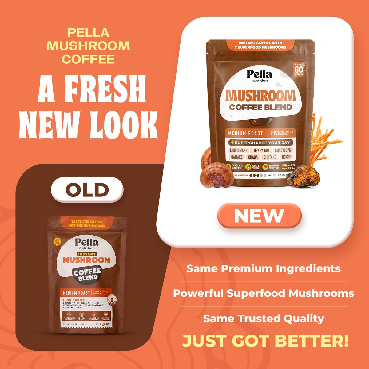 Pella Nutrition Mushroom Coffee – Lions Mane, Reishi, Chaga, Cordyceps, Shiitake, Maitake, and Turkey Tail Mushroom Supplement – Superfood Instant - PrimeBioHealth - canada supplements