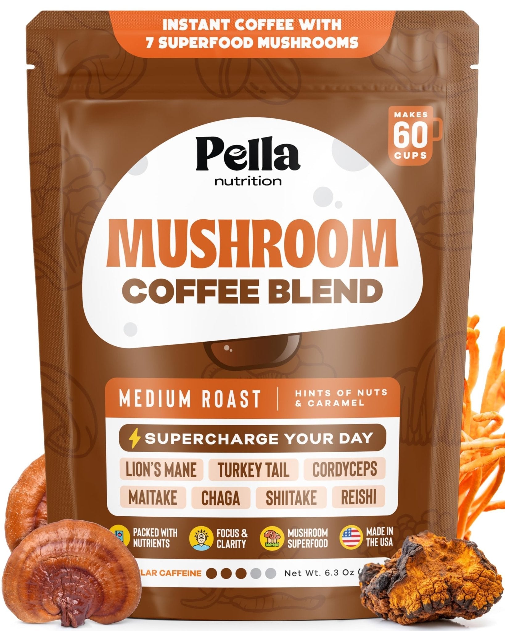 Pella Nutrition Mushroom Coffee – Lions Mane, Reishi, Chaga, Cordyceps, Shiitake, Maitake, and Turkey Tail Mushroom Supplement – Superfood Instant - PrimeBioHealth - canada supplements