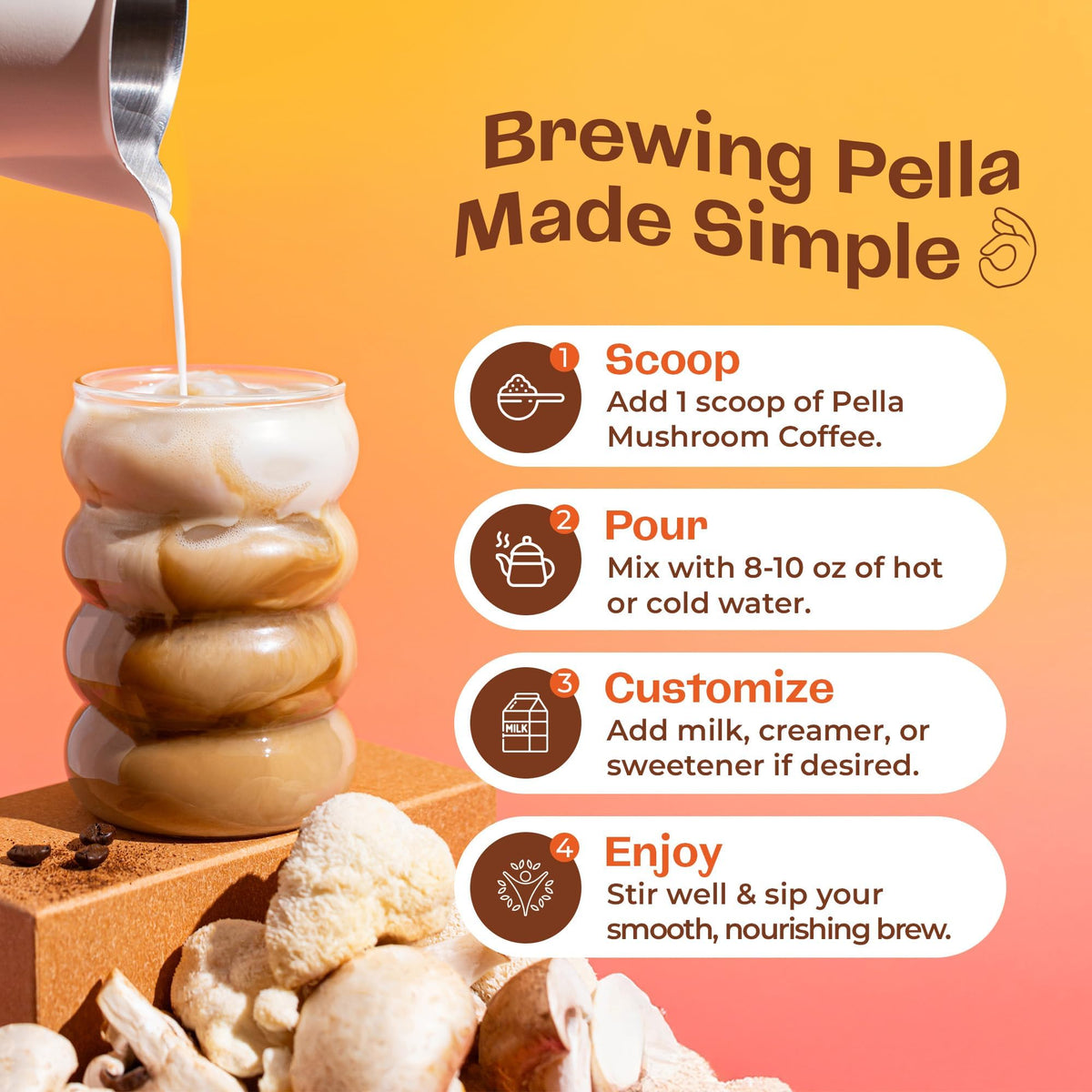 Pella Nutrition Mushroom Coffee – Lions Mane, Reishi, Chaga, Cordyceps, Shiitake, Maitake, and Turkey Tail Mushroom Supplement – Superfood Instant - PrimeBioHealth - canada supplements