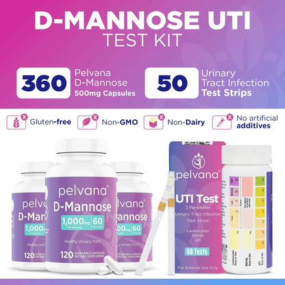 Pelvana D-Mannose UTI Kit for Women – UTI Test Strips & D-Mannose Supplement, At-Home Testing, Maintains Healthy Urinary Tract Balance, Flushes Impurities – 3 Bottles (120 Capsules) + 50 Test Strips - PrimeBioHealth - canada supplements