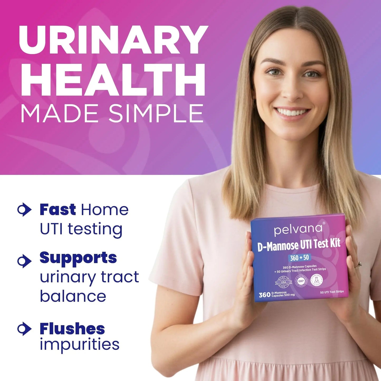 Pelvana D-Mannose UTI Kit for Women – UTI Test Strips & D-Mannose Supplement, At-Home Testing, Maintains Healthy Urinary Tract Balance, Flushes Impurities – 3 Bottles (120 Capsules) + 50 Test Strips - PrimeBioHealth - canada supplements