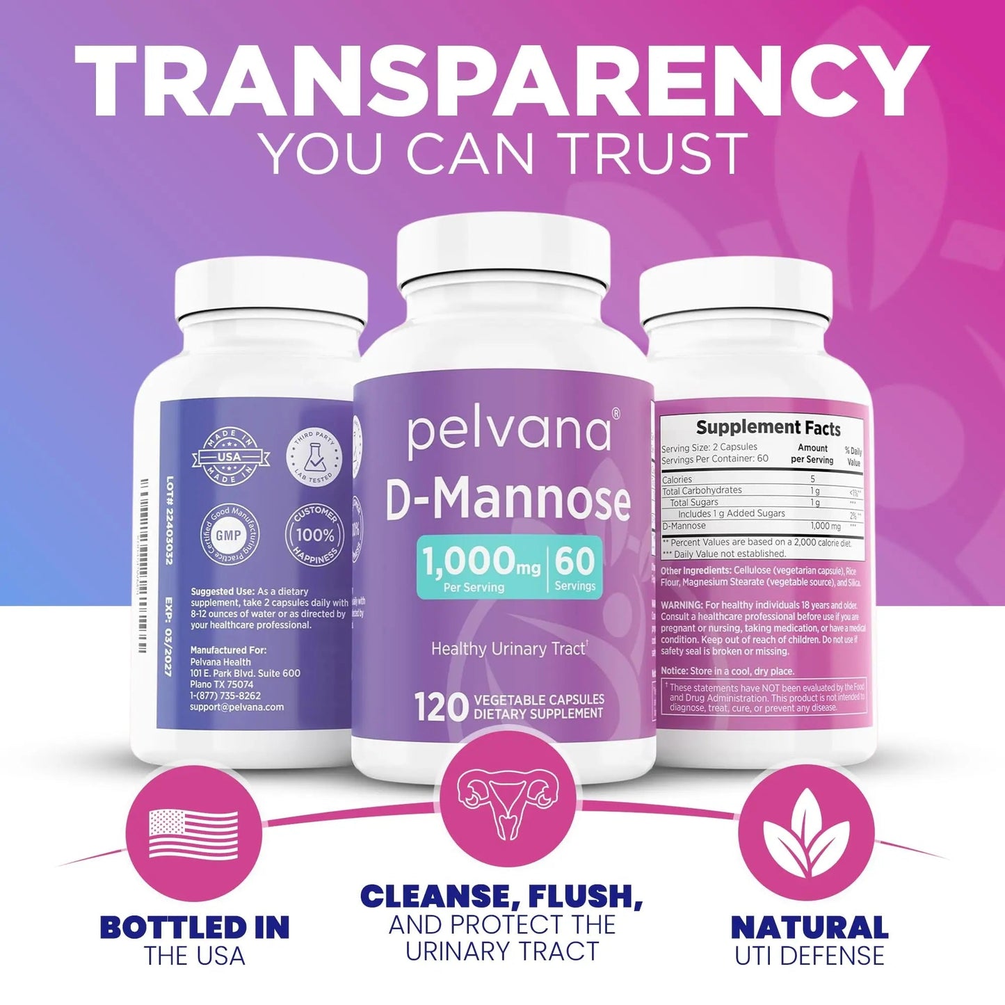 Pelvana D-Mannose UTI Kit for Women – UTI Test Strips & D-Mannose Supplement, At-Home Testing, Maintains Healthy Urinary Tract Balance, Flushes Impurities – 3 Bottles (120 Capsules) + 50 Test Strips - PrimeBioHealth - canada supplements