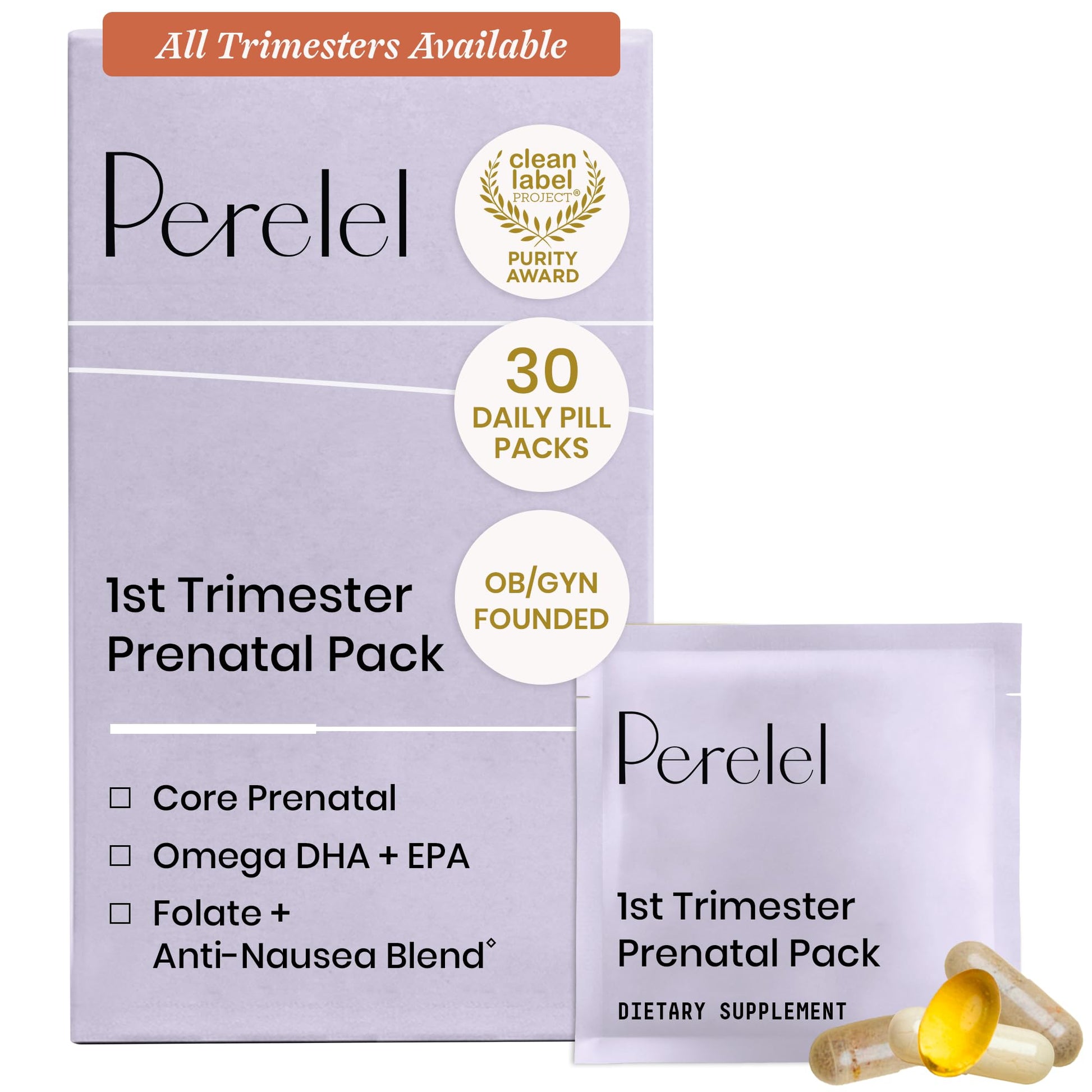 Perelel 1st Trimester Prenatal Pack, Multivitamin with Folate, Vitamin D, Omega 3, Iron & Ginger, Nutritional Support for Early Pregnancy - PrimeBioHealth - canada supplements