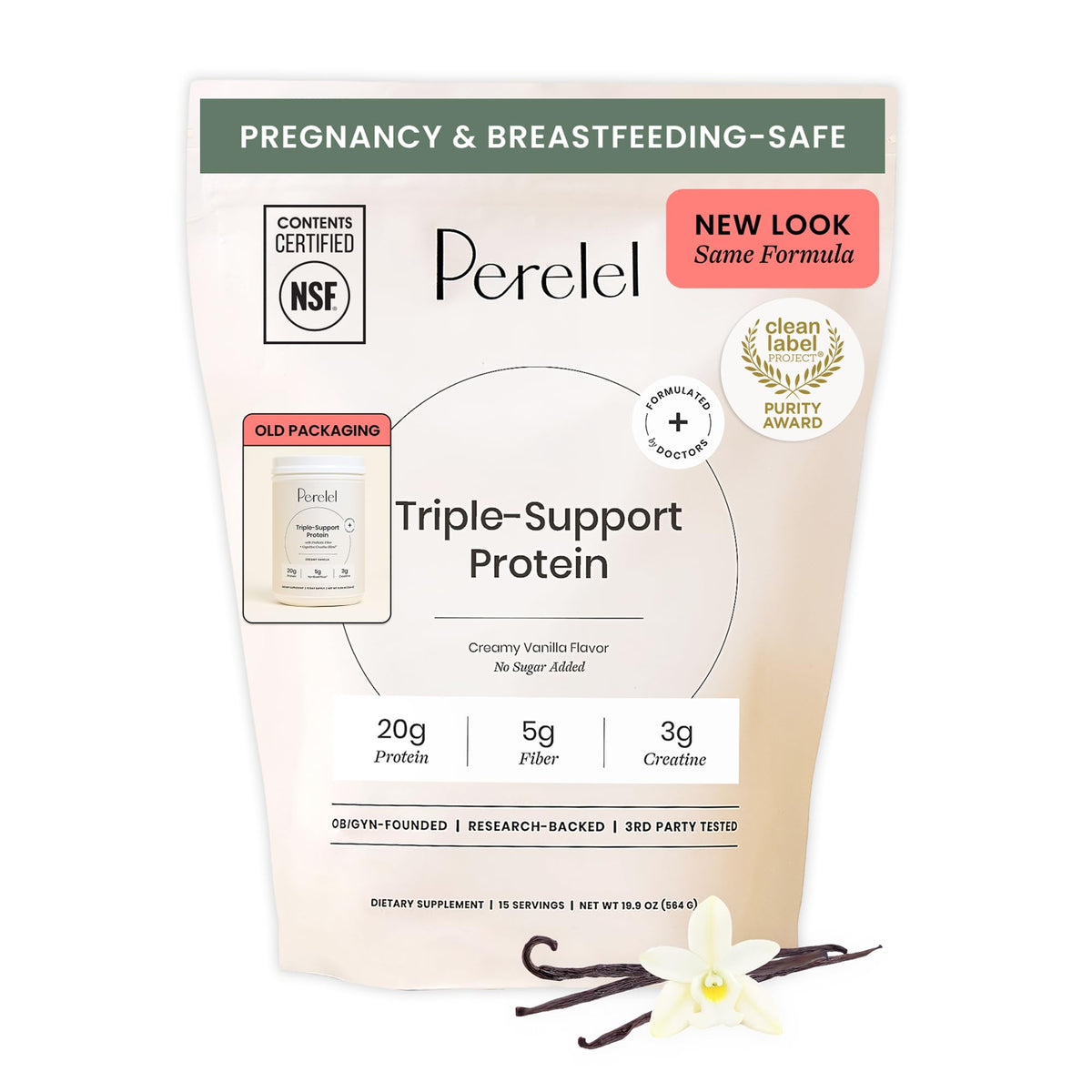 Perelel Triple-Support Plant Based Protein Powder, Creamy Vanilla, 20g Vegan Protein Powder, 3g Creatine Monohydrate, & 5g Prebiotic Fiber per Serving, Dairy Free, - PrimeBioHealth - canada supplements