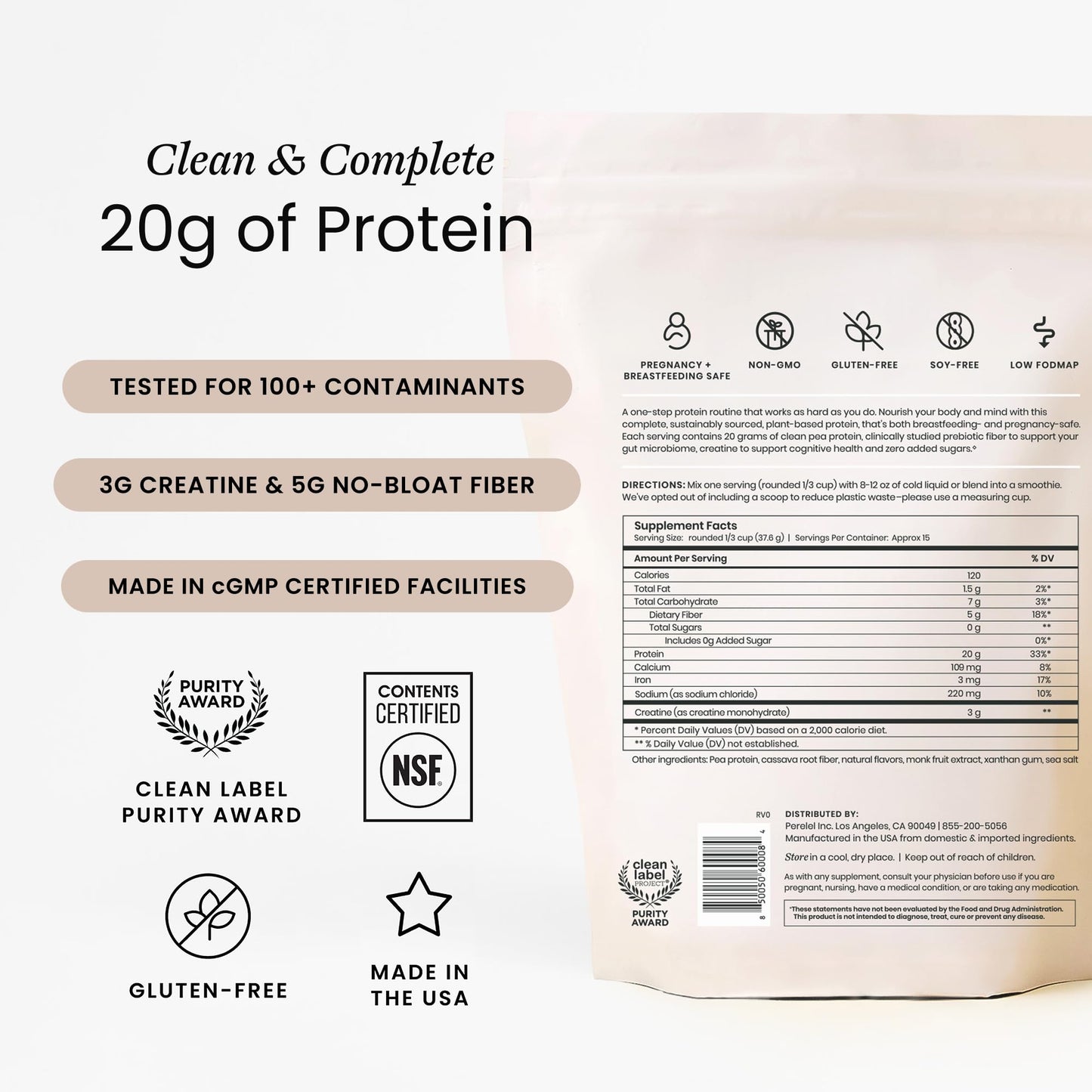 Perelel Triple-Support Plant Based Protein Powder, Creamy Vanilla, 20g Vegan Protein Powder, 3g Creatine Monohydrate, & 5g Prebiotic Fiber per Serving, Dairy Free, - PrimeBioHealth - canada supplements
