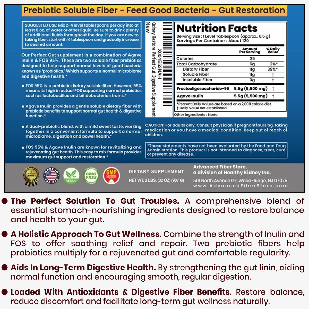 Perfect Gut: Inulin FOS Powder for Gut Health. Prebiotic Inulin. Unique Prebiotic 95% FOS Inulin Agave Fiber - PrimeBioHealth - canada supplements
