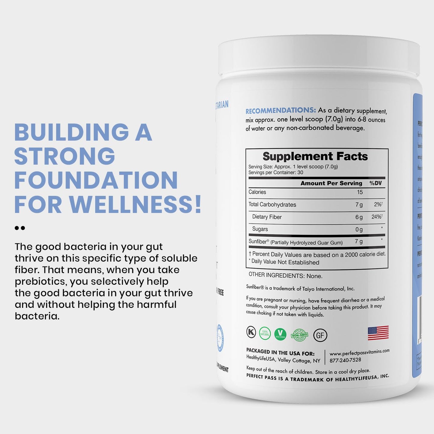 PERFECT PASS Prebiotic PHGG Partially Hydrolyzed Guar Gum 210g Powder - 100% Natural Gluten Free Non GMO - Certified Kosher Vegetarian Sugar Free - PrimeBioHealth - canada supplements