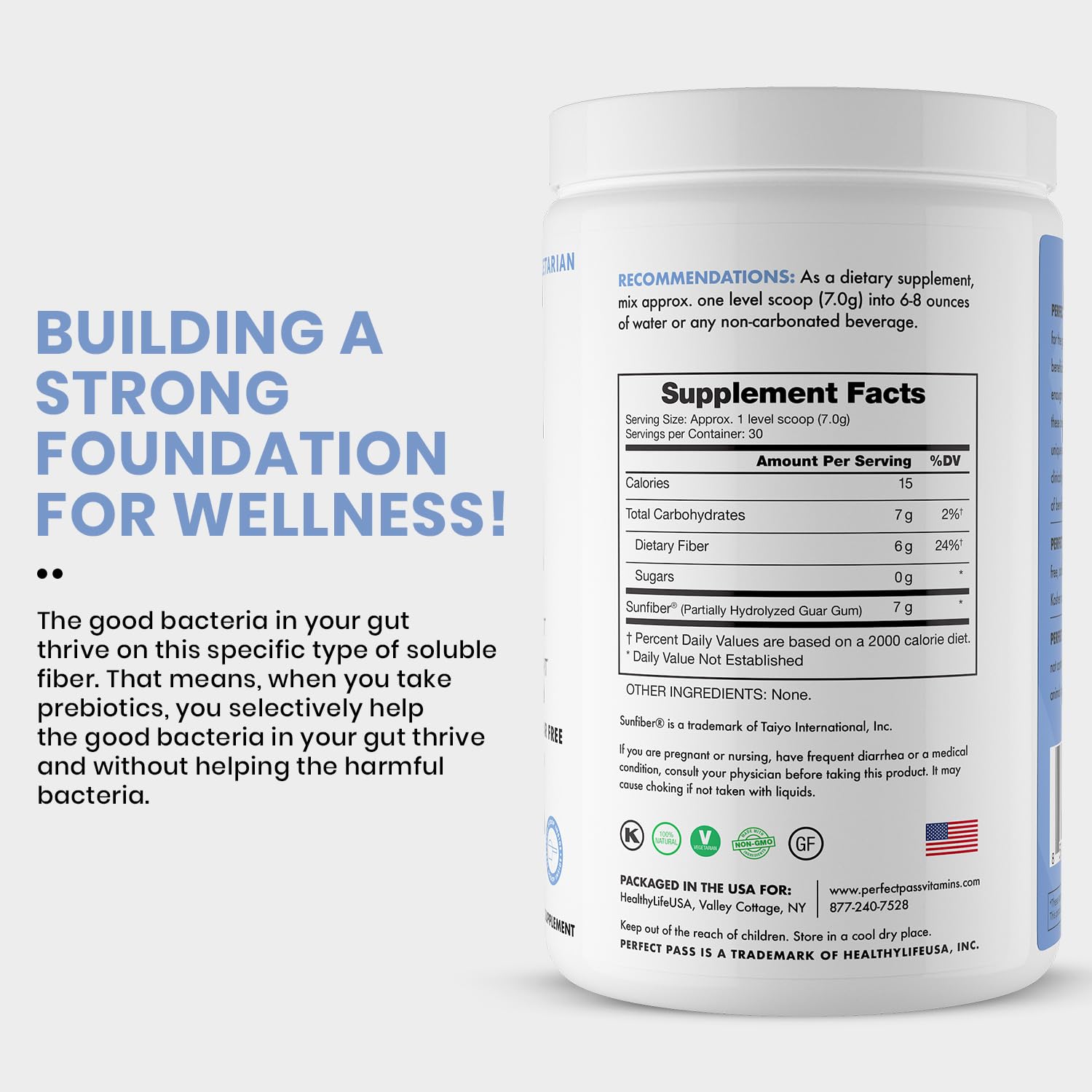 PERFECT PASS Prebiotic PHGG Partially Hydrolyzed Guar Gum 210g Powder - 100% Natural Gluten Free Non GMO - Certified Kosher Vegetarian Sugar Free - PrimeBioHealth - canada supplements