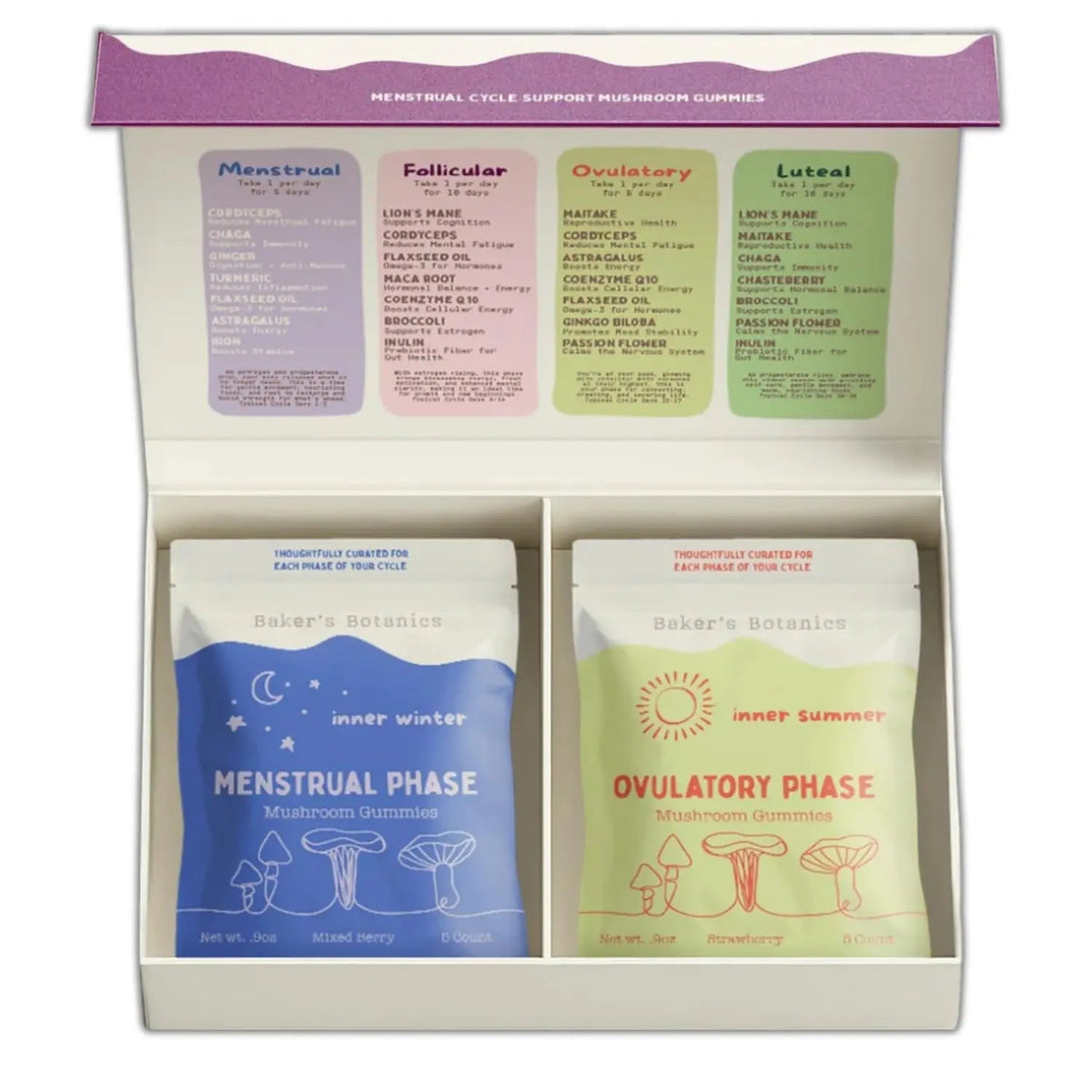 Period ovulatory & PMS Support Supplement for Women – Hormone Balance + 4-Phase Menstrual Cycle Kit | Vegan Functional Mushroom Gummies by Baker’s Botanics (Pack of 6)(30 Gummies) - PrimeBioHealth - canada supplements