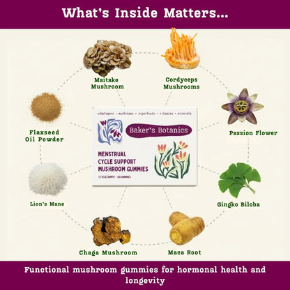 Period ovulatory & PMS Support Supplement for Women – Hormone Balance + 4-Phase Menstrual Cycle Kit | Vegan Functional Mushroom Gummies by Baker’s Botanics (Pack of 6)(30 Gummies) - PrimeBioHealth - canada supplements
