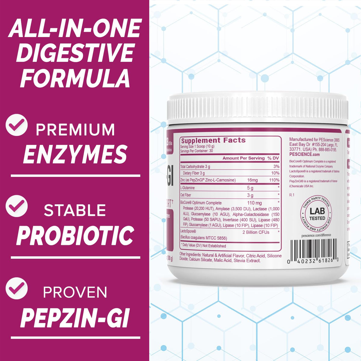 PEScience Complete-GI Gut Health Powder, Probiotics for Women and Men, Digestive Enzymes, Prebiotic Fiber, L-Glutamine - PrimeBioHealth - canada supplements