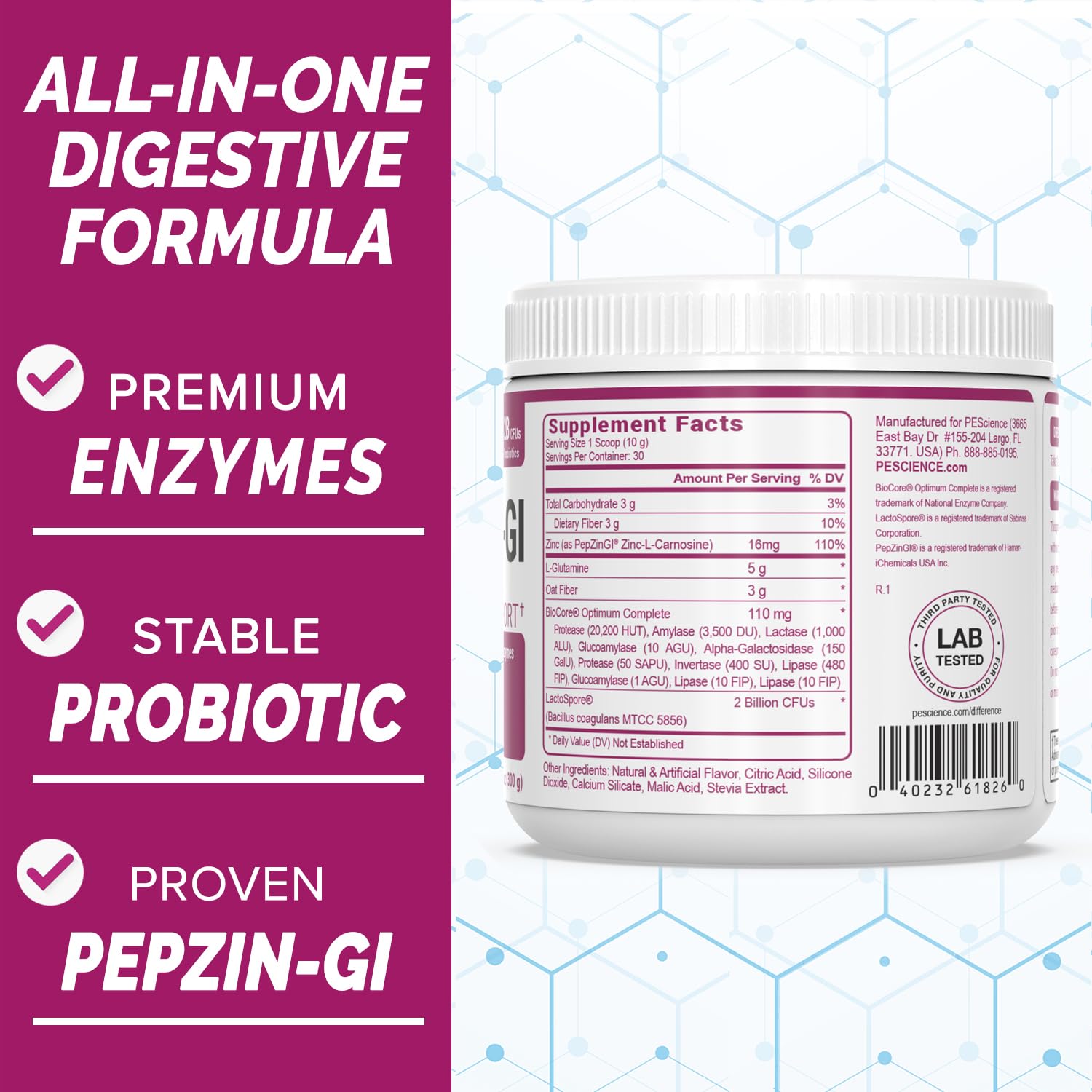 PEScience Complete-GI Gut Health Powder, Probiotics for Women and Men, Digestive Enzymes, Prebiotic Fiber, L-Glutamine - PrimeBioHealth - canada supplements
