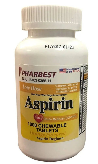 Pharbest Aspirin 81mg Chewable Orange Tablets 1000 Count Per Bottle - PrimeBioHealth - canada supplements
