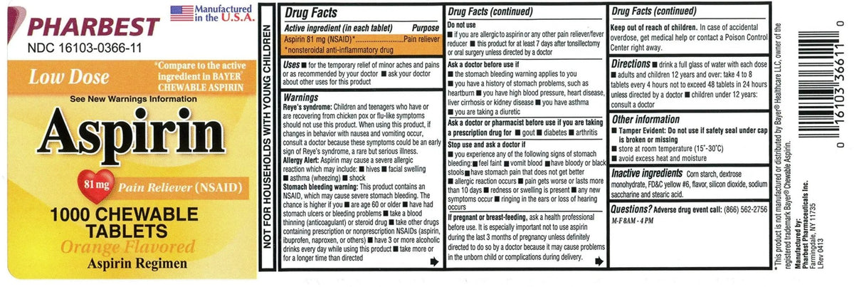Pharbest Aspirin 81mg Chewable Orange Tablets 1000 Count Per Bottle - PrimeBioHealth - canada supplements