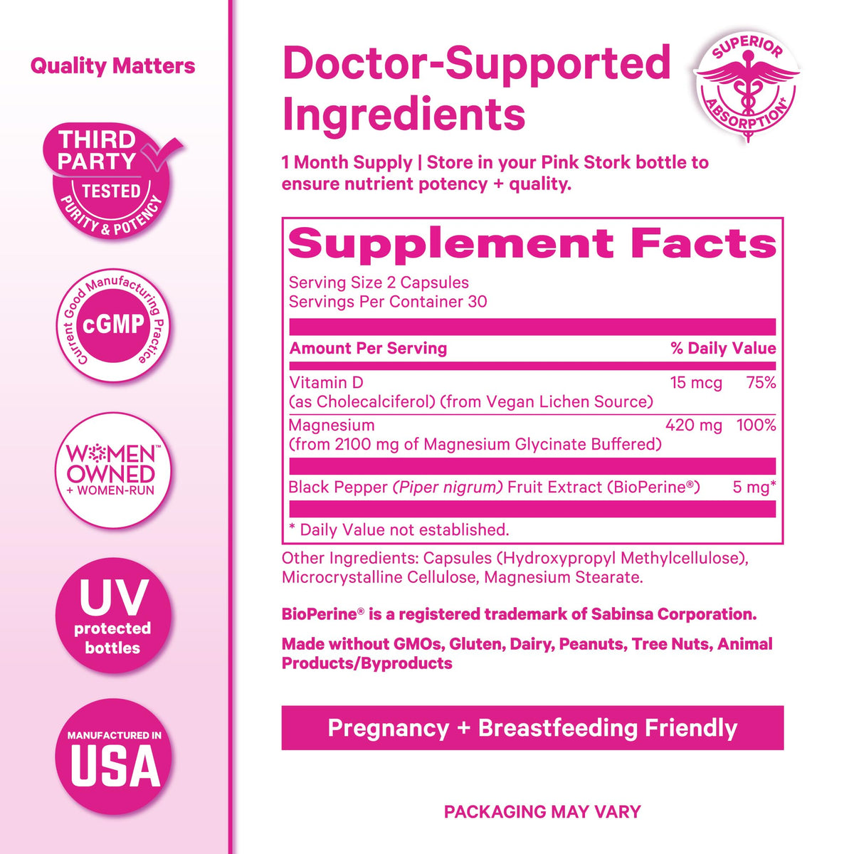 Pink Stork Magnesium Glycinate with Vitamin D - Magnesium Supplement for Women to Support Natural Calm, Mood, and Sleep - Hormone Balance for Women - PrimeBioHealth - canada supplements