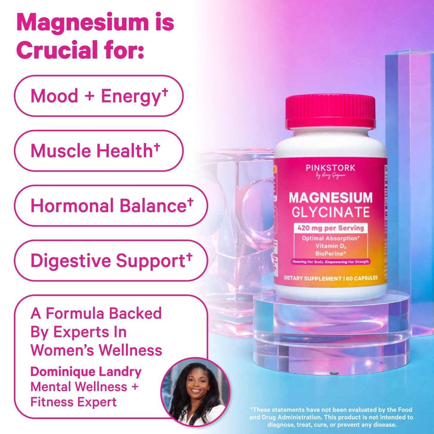 Pink Stork Magnesium Glycinate with Vitamin D - Magnesium Supplement for Women to Support Natural Calm, Mood, and Sleep - Hormone Balance for Women - PrimeBioHealth - canada supplements
