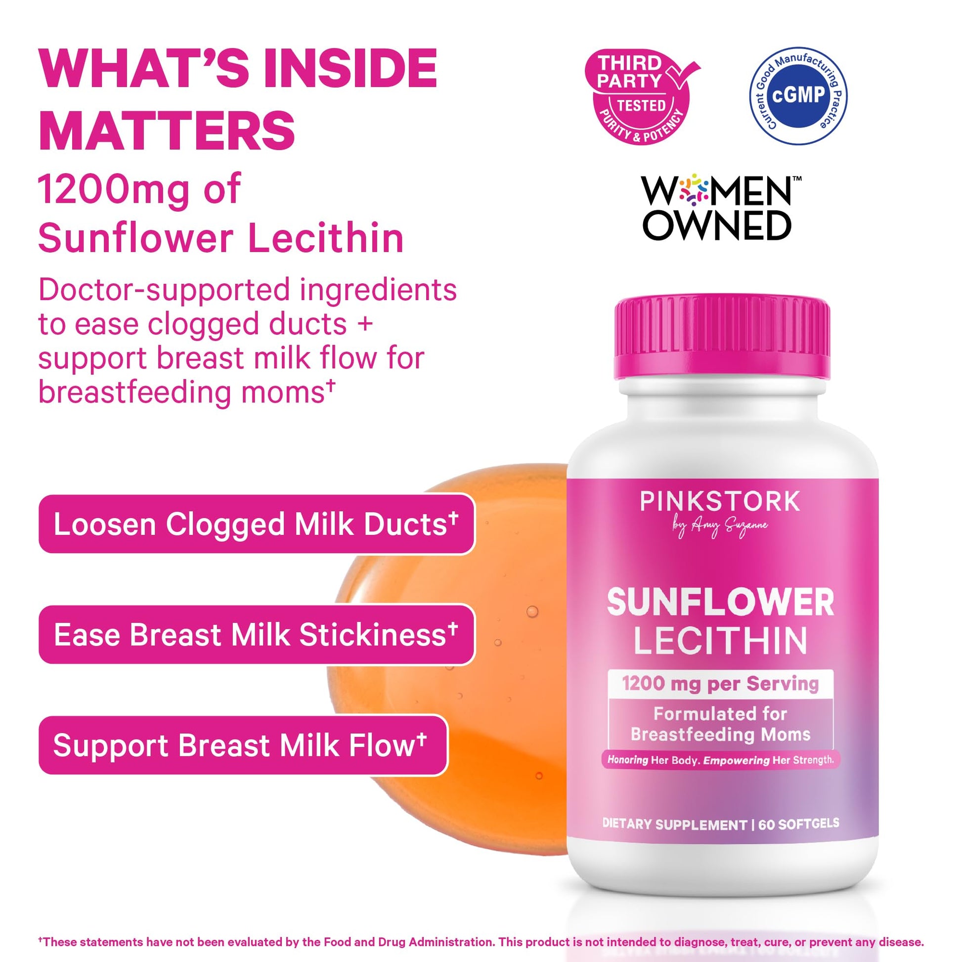 Pink Stork Sunflower Lecithin Supplement - 1200 mg for Clogged Milk Ducts - Breastfeeding Essentials for Postpartum Moms - PrimeBioHealth - canada supplements