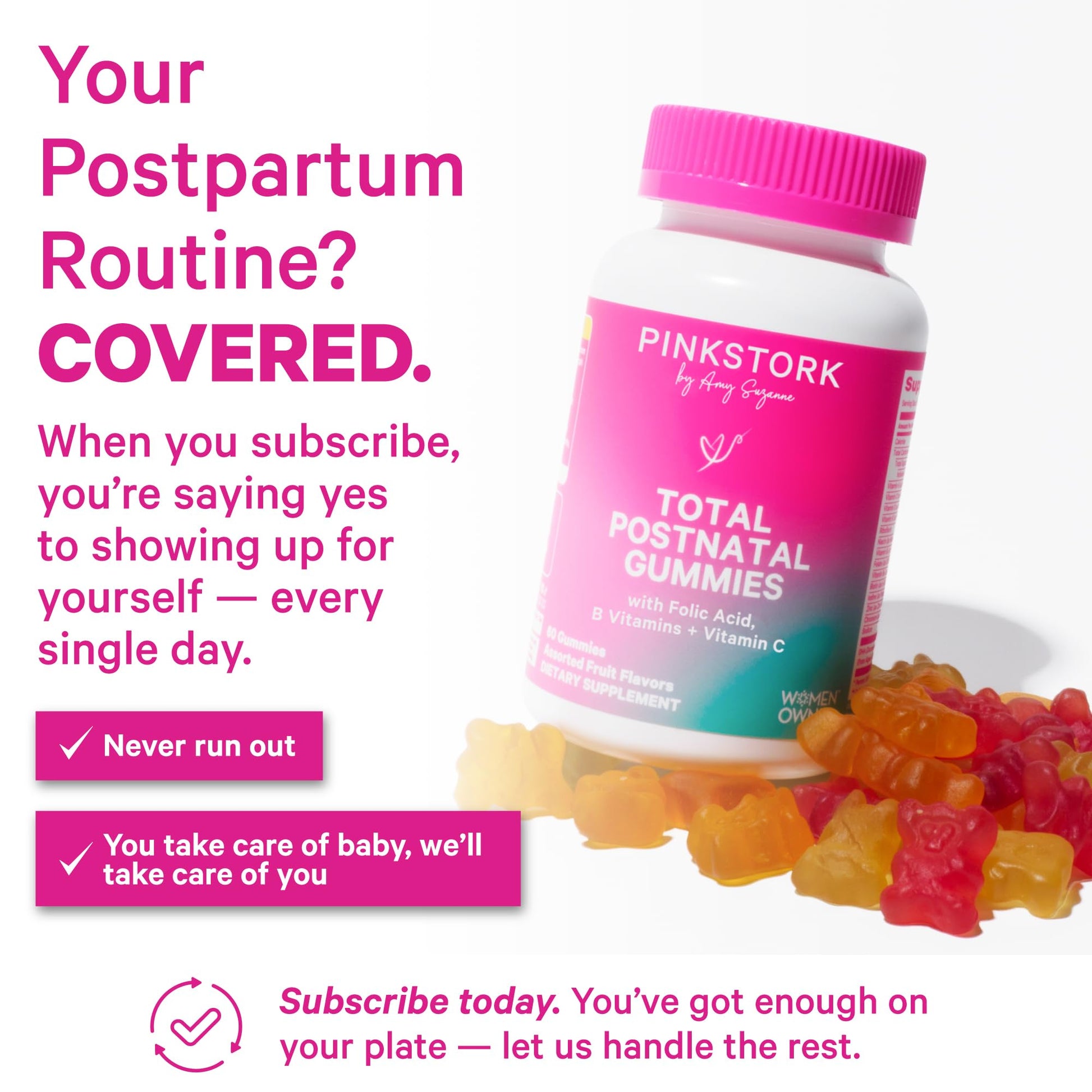 Pink Stork Total Postnatal Vitamin Gummies - Multivitamin for Postpartum Recovery and Lactation Support - Folic Acid, B6, and Vitamin C - PrimeBioHealth - canada supplements